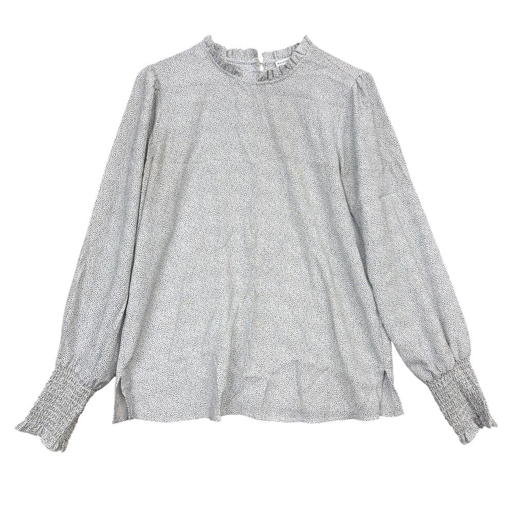 Maison d'Amelie Womens Blouse White Black Dot Ruffle High Neck Keyhole Medium